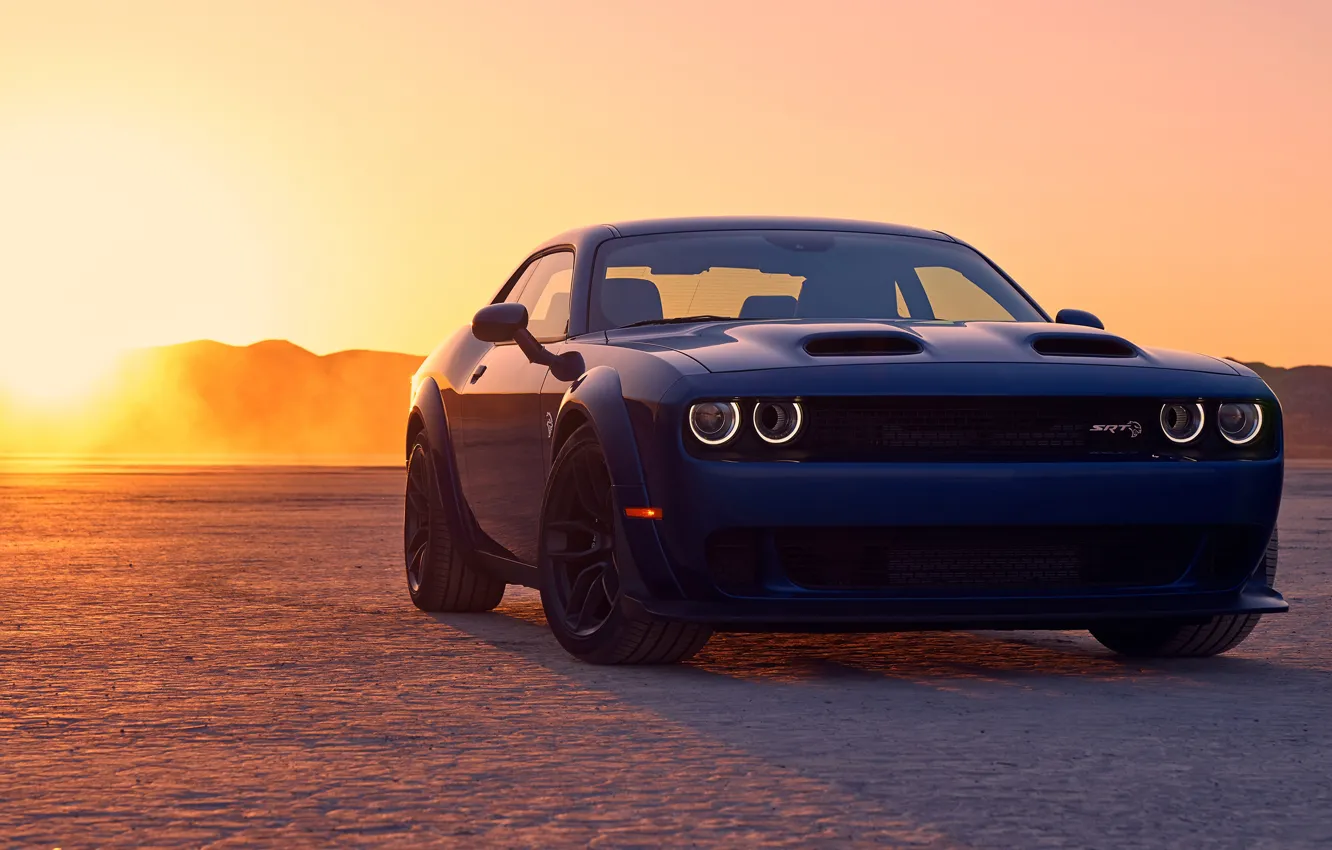 Фото обои закат, Dodge, Challenger, Hellcat, SRT, Widebody, 2019