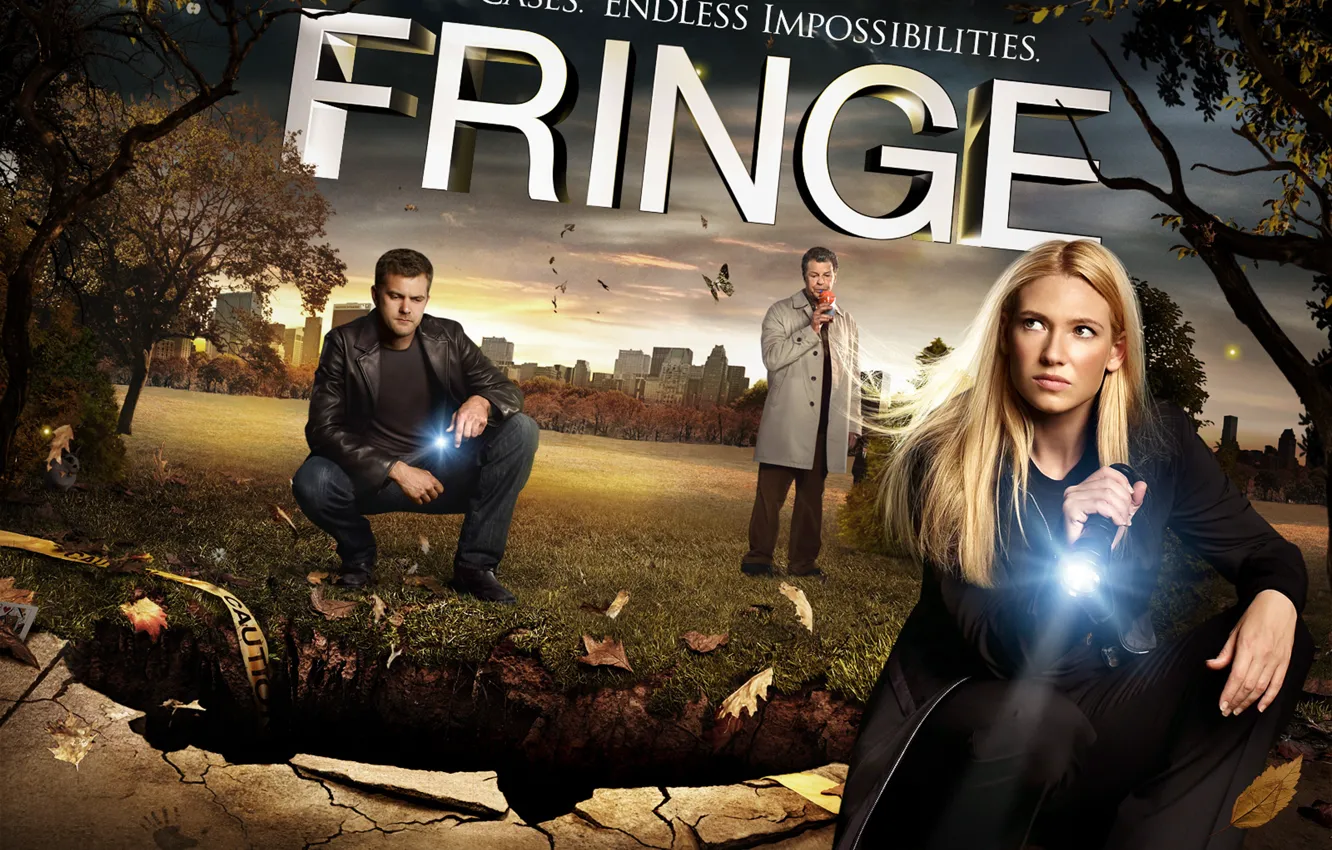 Фото обои сериал, Грань, Фильмы, трое главных актеров сериала, над ямой, расследуют дело