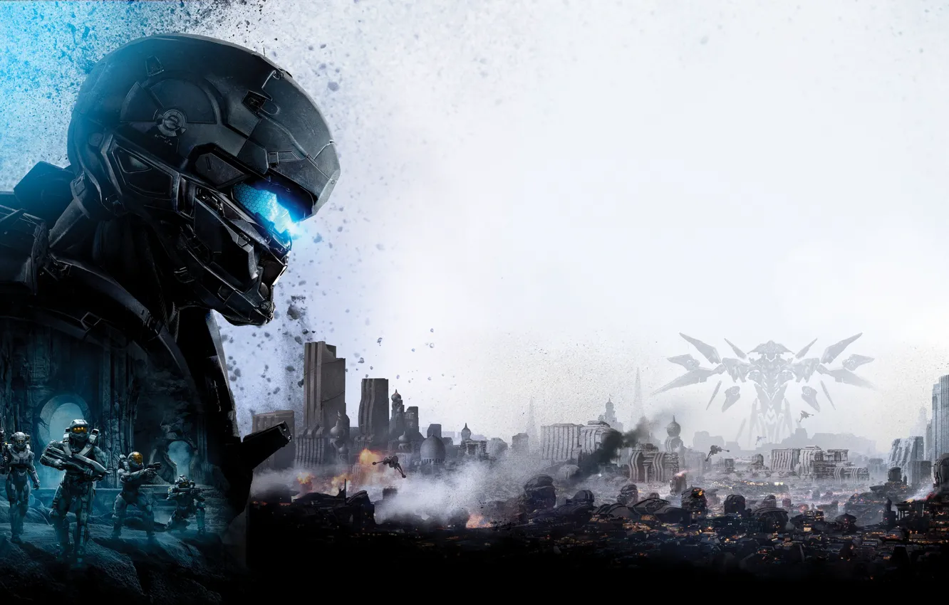 Фото обои город, игра, арт, солдаты, Halo 5: Guardians