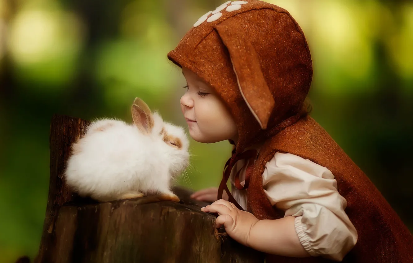 Фото обои пень, мальчик, кролик, друзья, Любовь Пятовская