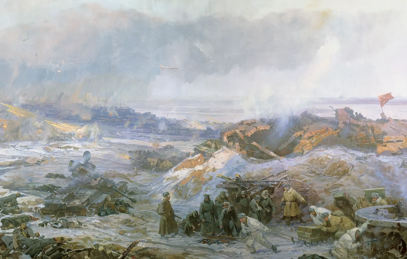 Фото обои зима, дым, картина, солдаты, руины, Живопись, Великая Отечественная война, пехота