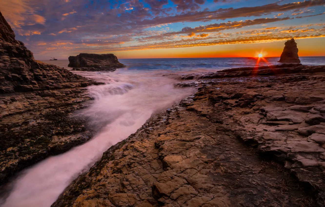 Фото обои пляж, скала, океан, рассвет, California