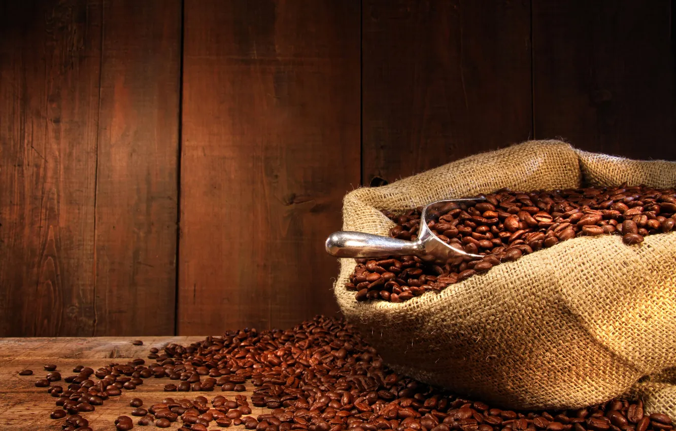 Фото обои кофе, зёрна, Coffee, кофейные, лопатка, мешочек, совок, coffee beans
