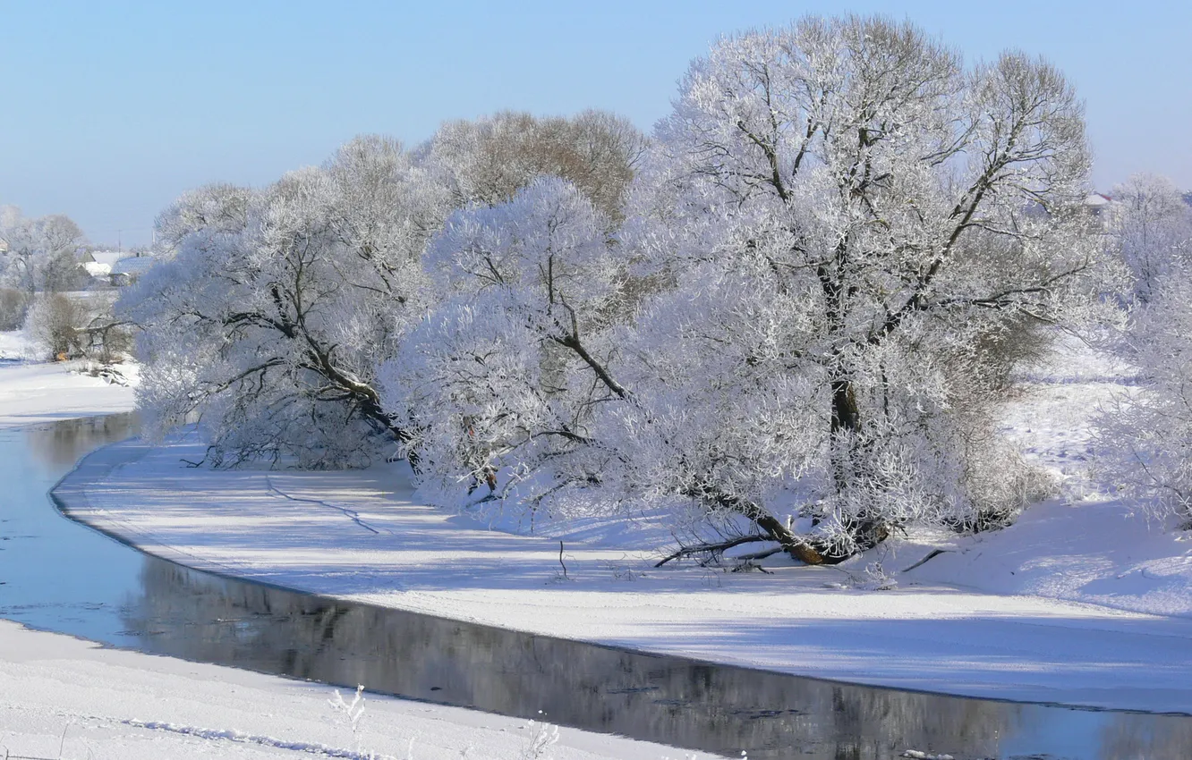 Фото обои зима, иней, небо, снег, деревья, река