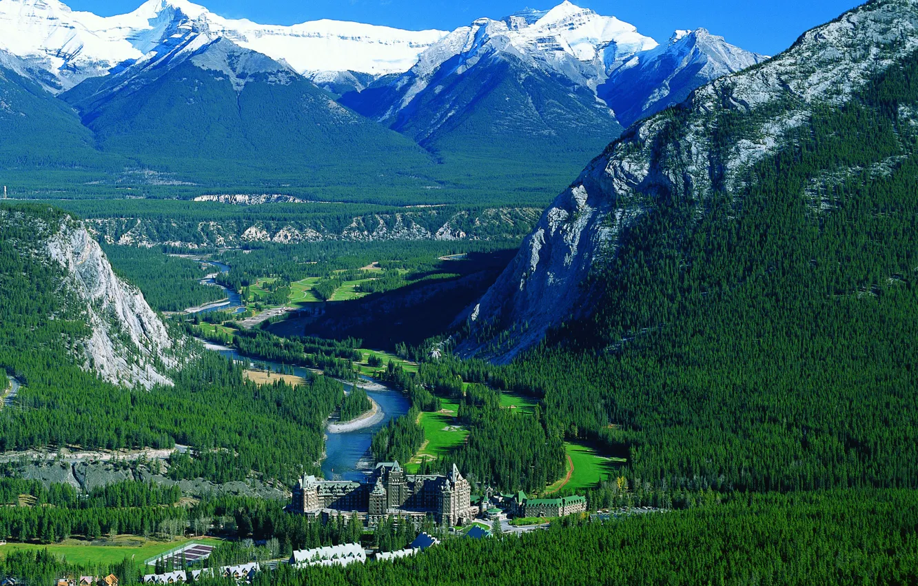 Фото обои лес, горы, река, Канада, отель, Canada, hotel, Banff national park