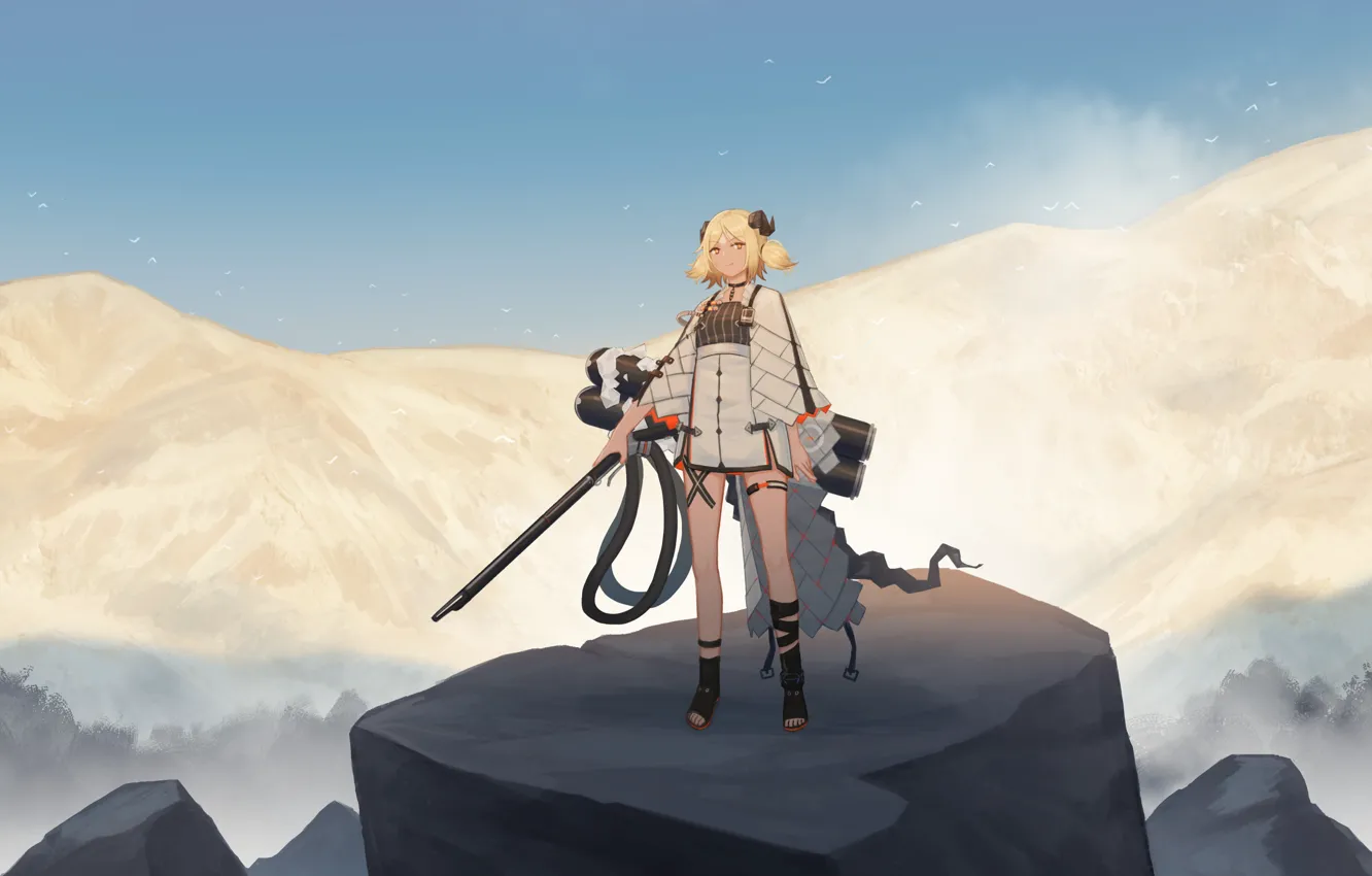 Фото обои небо, девушка, горы, оружие, птица, рожок