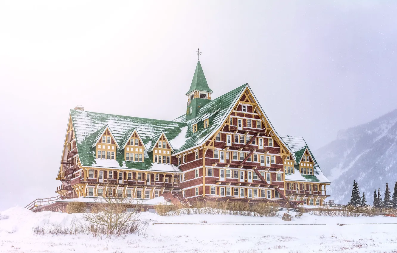 Фото обои зима, лес, снег, горы, здание, Дом, отель, гостиница