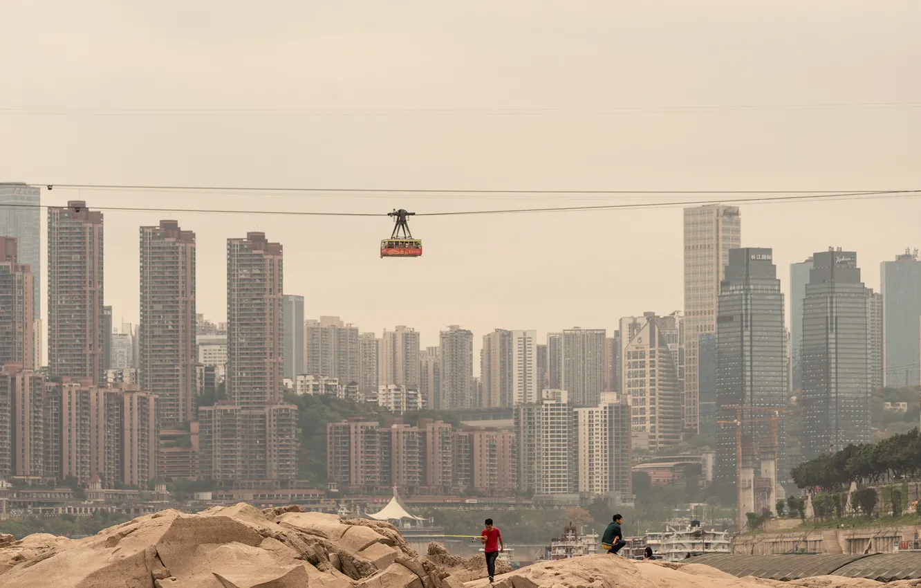 Фото обои камни, люди, здания, водоём, HUMAN vs CITY CHONGQING