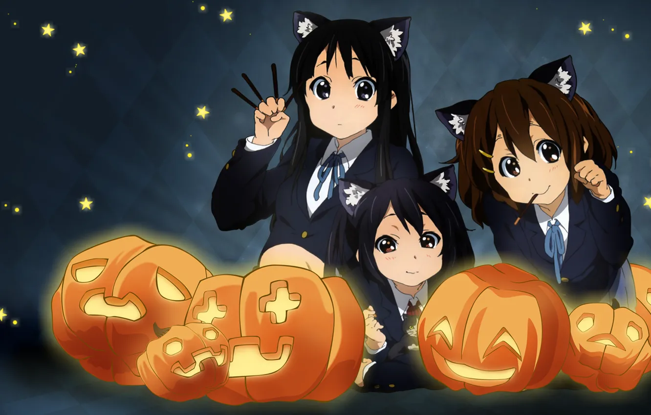 Фото обои настроение, аниме, тыквы, akiyama mio, k-on, hirasawa yui, nakano azusa, хеллоуин