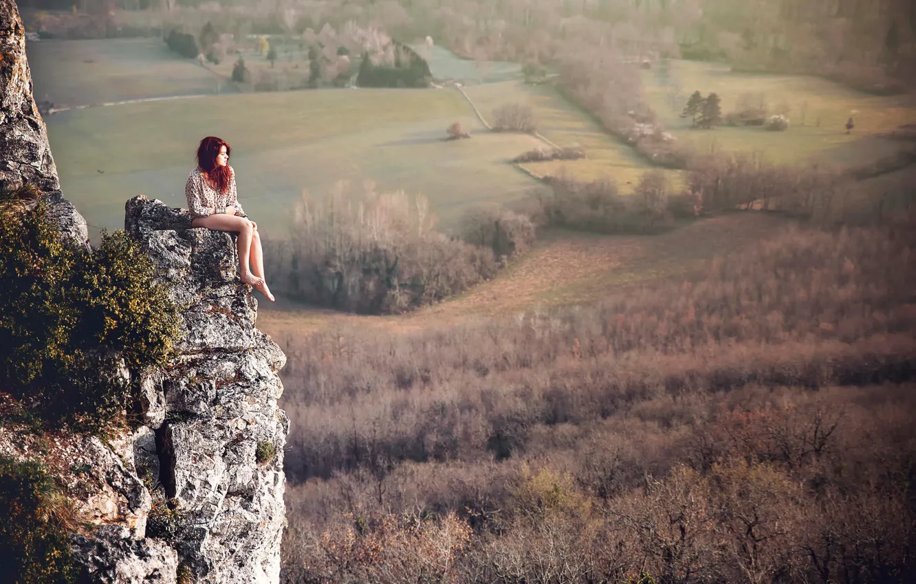 Фото обои пейзаж, скала, рыжеволосая, Lorène, природа.вид
