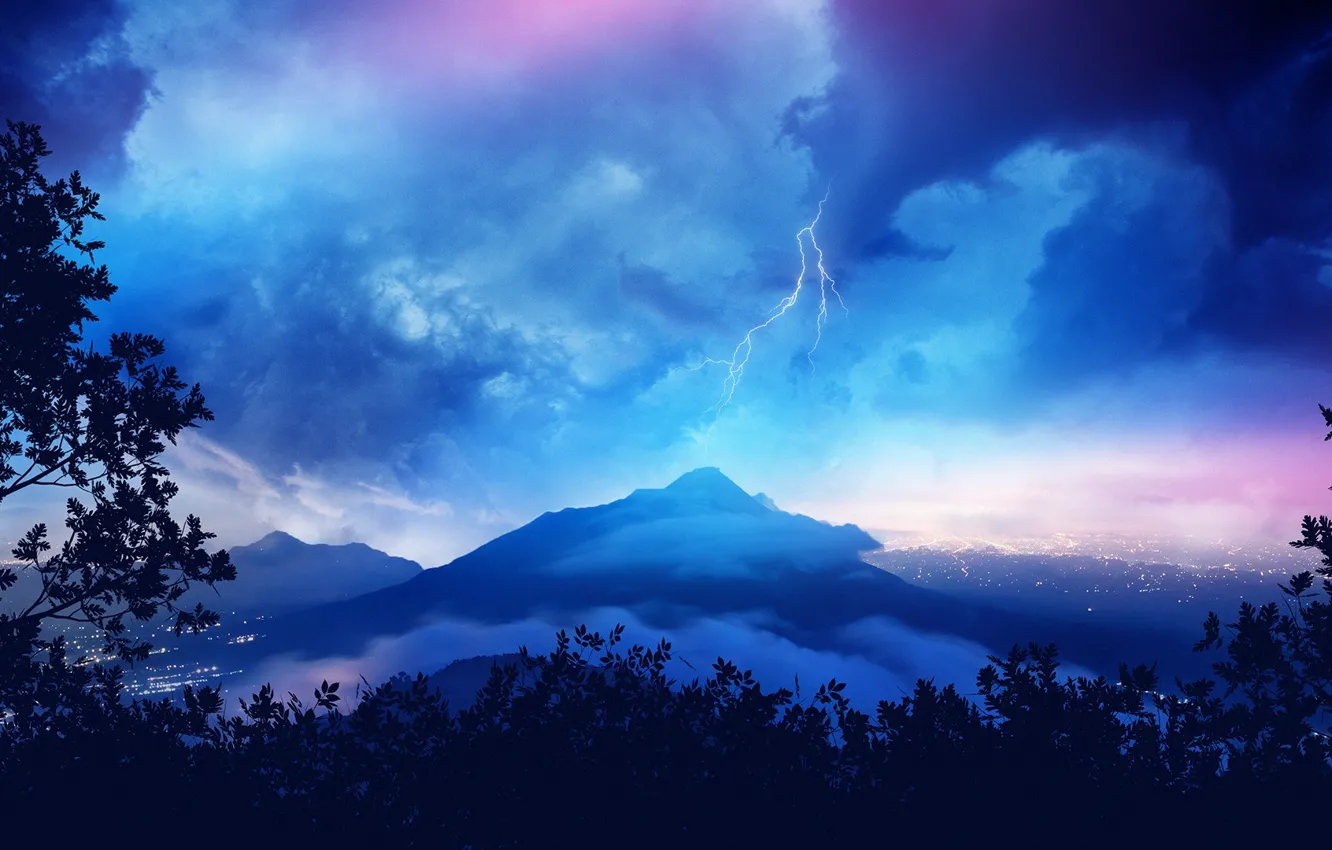 Фото обои гроза, небо, облака, деревья, пейзаж, горы, ночь, ветки