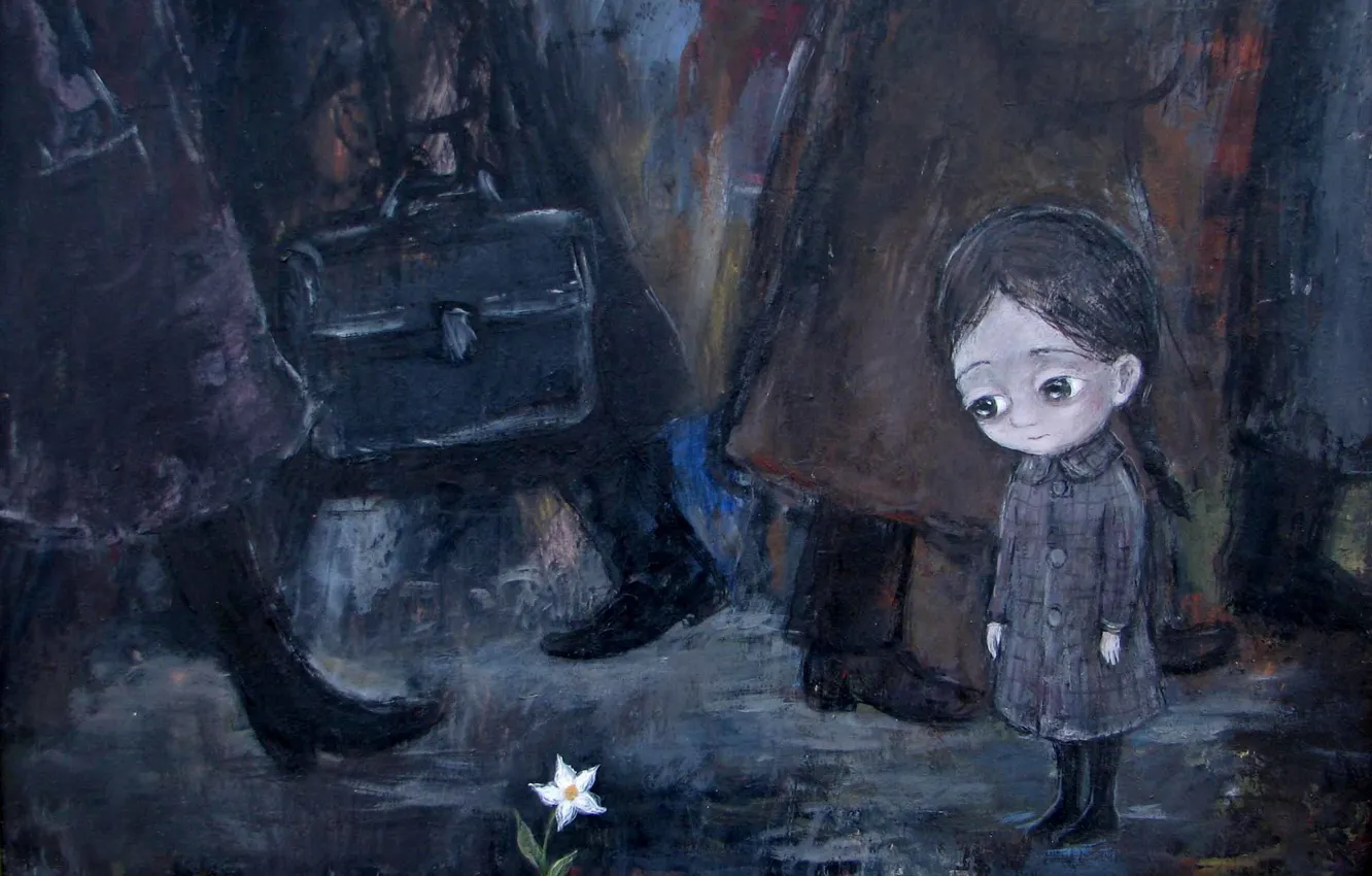 Фото обои одиночество, толпа, девочка, цветочек, Нино Чакветадзе