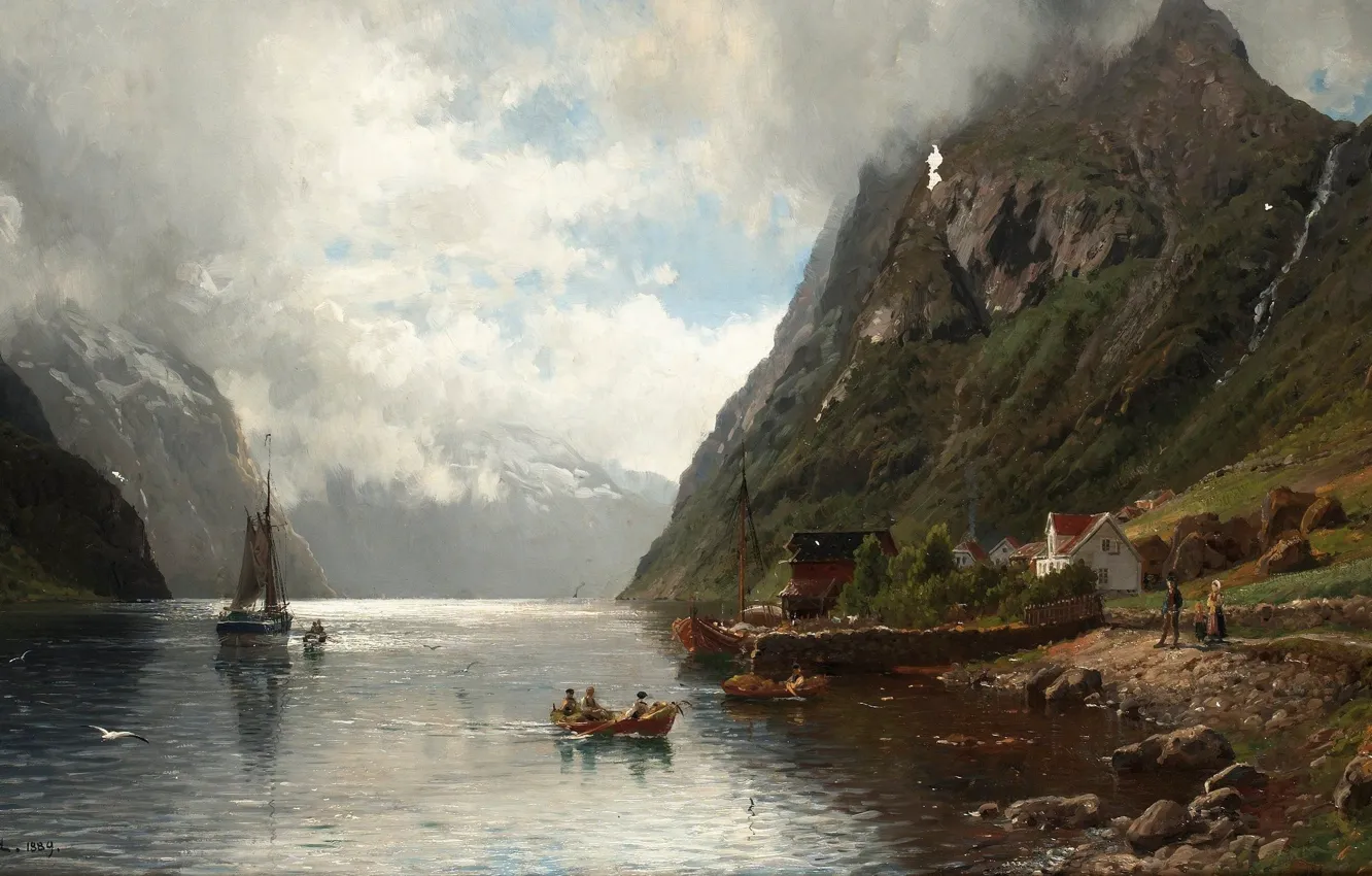 Фото обои картина, живопись, painting, 1889, Norwegian Fjord Landscape, пейзаж с Норвежским фьордом, Anders Askevold
