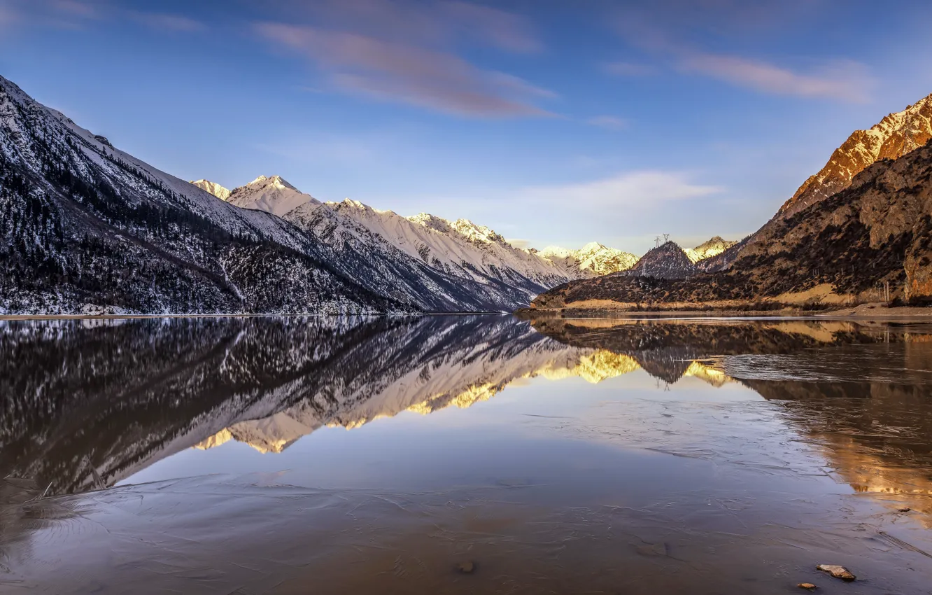 Фото обои Winter, Sunset, Snow, Mountains, Tibet, Ranwu Lake