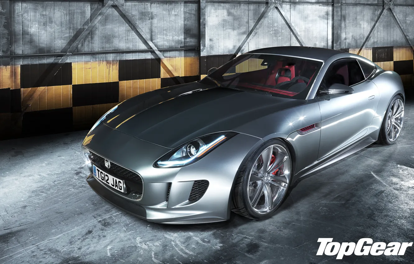Фото обои Concept, Jaguar, серебристый, ангар, ягуар, спорткар, top gear, передок