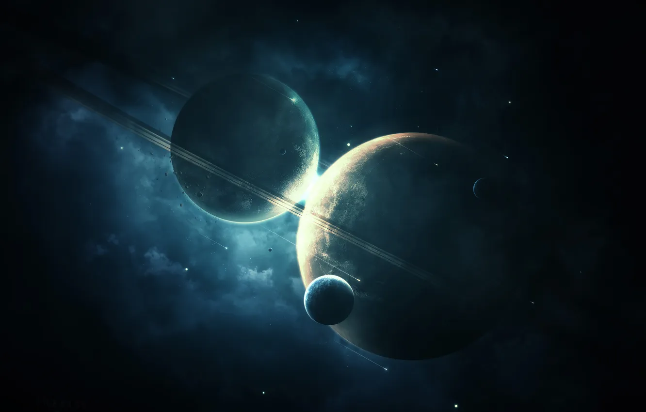 Фото обои звезды, планеты, кольца, астероиды, спутники