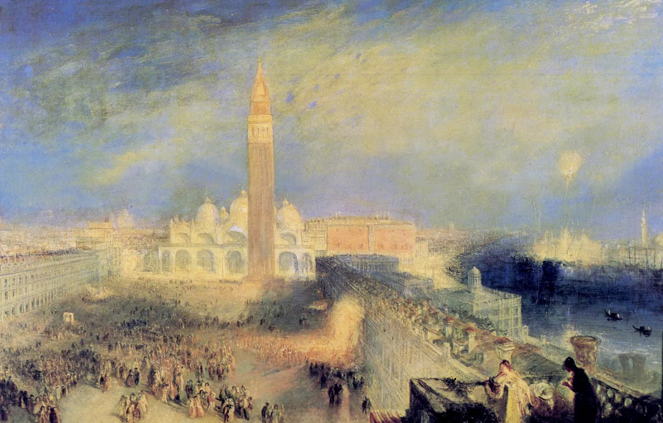 Фото обои картина, площадь, Венеция, собор, городской пейзаж, колокольня, Уильям Тёрнер, Juliet and her Nurse