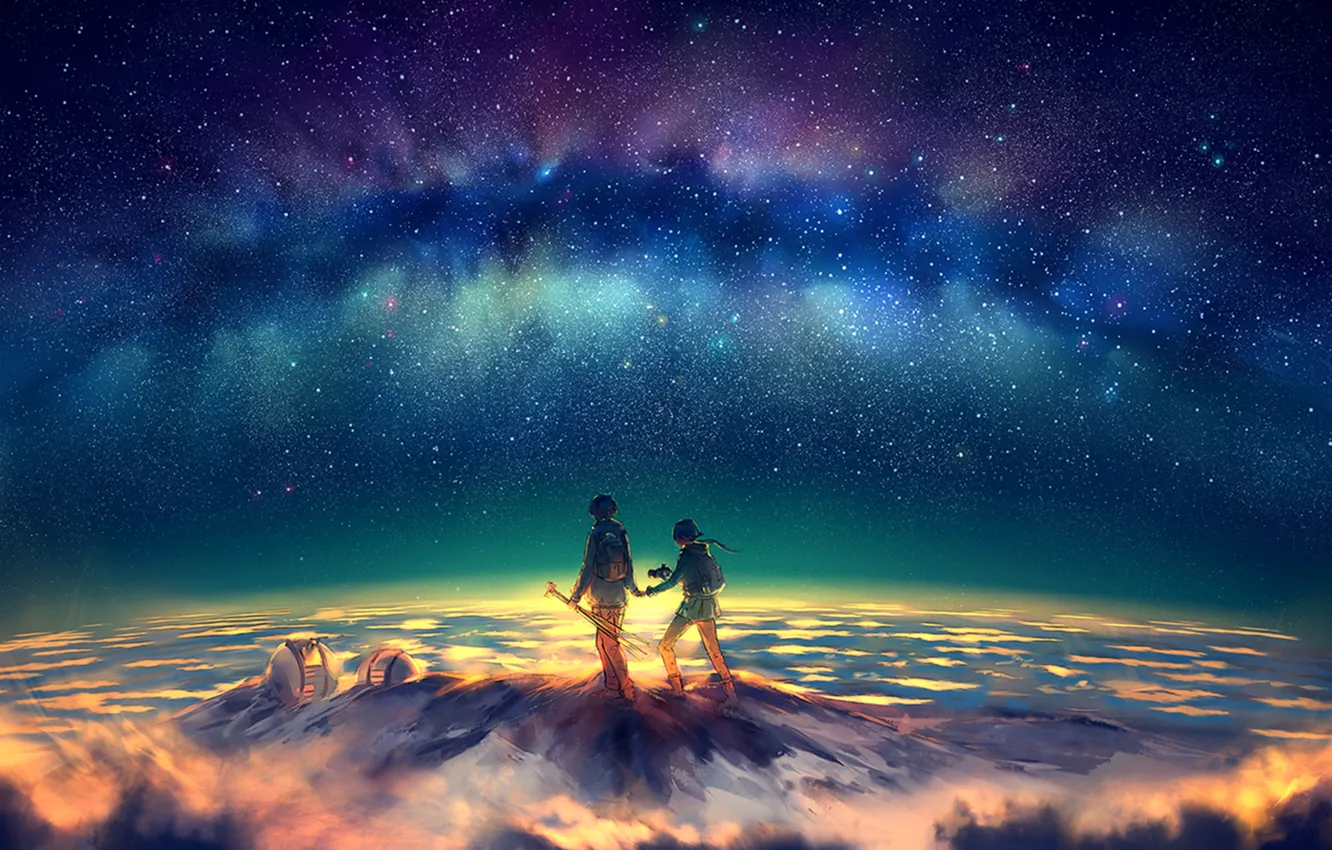 Фото обои звезды, ночь, гора, северное сияние, пик, art, yuumei