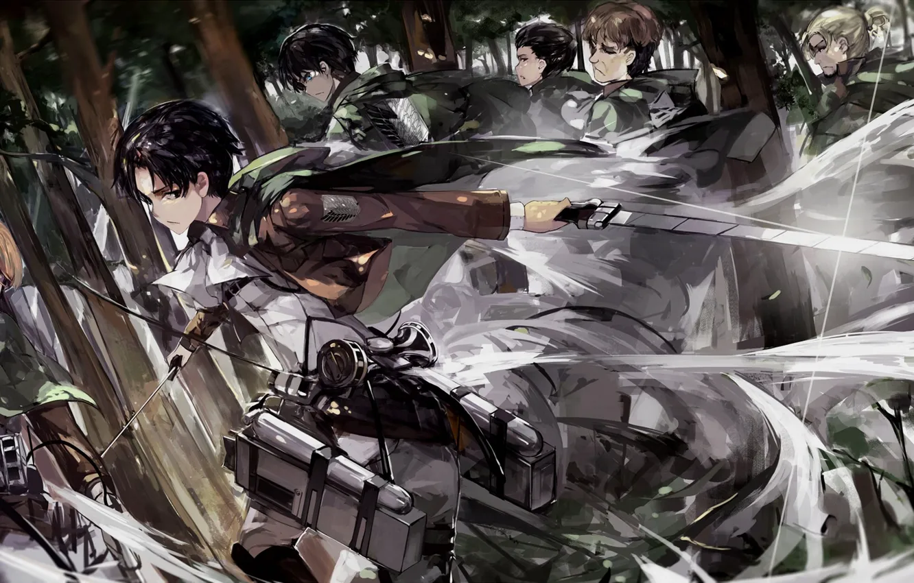 Фото обои лес, арт, солдаты, вторжение гигантов, атака титанов, Shingeki no Kyojin, ривалле, капрал леви