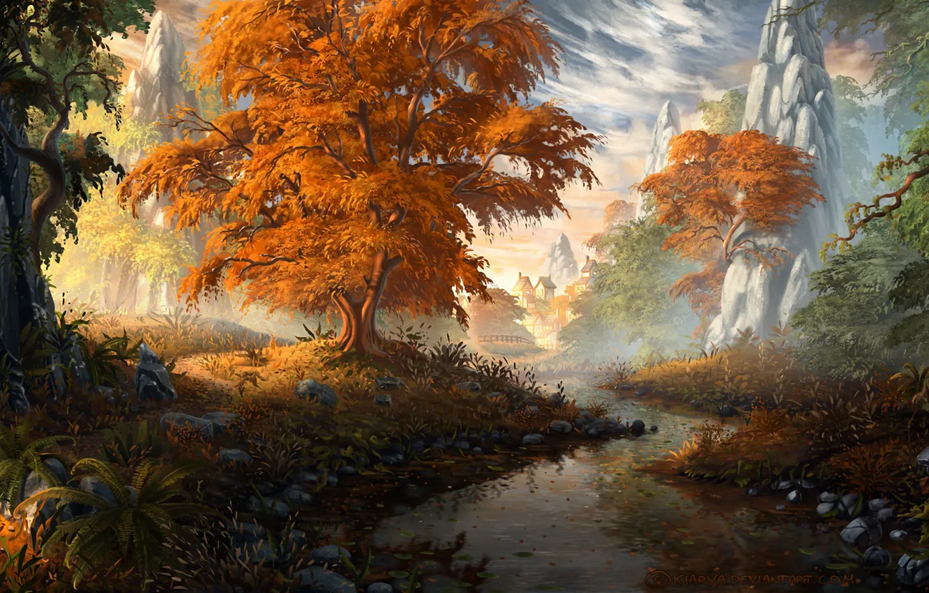 Фото обои осень, деревья, пейзаж, горы, ручей, дома
