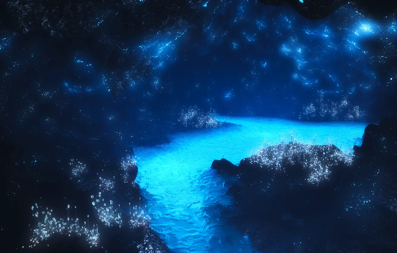 Фото обои цветы, digital, неоновый свет, starlight grotto, голубая река