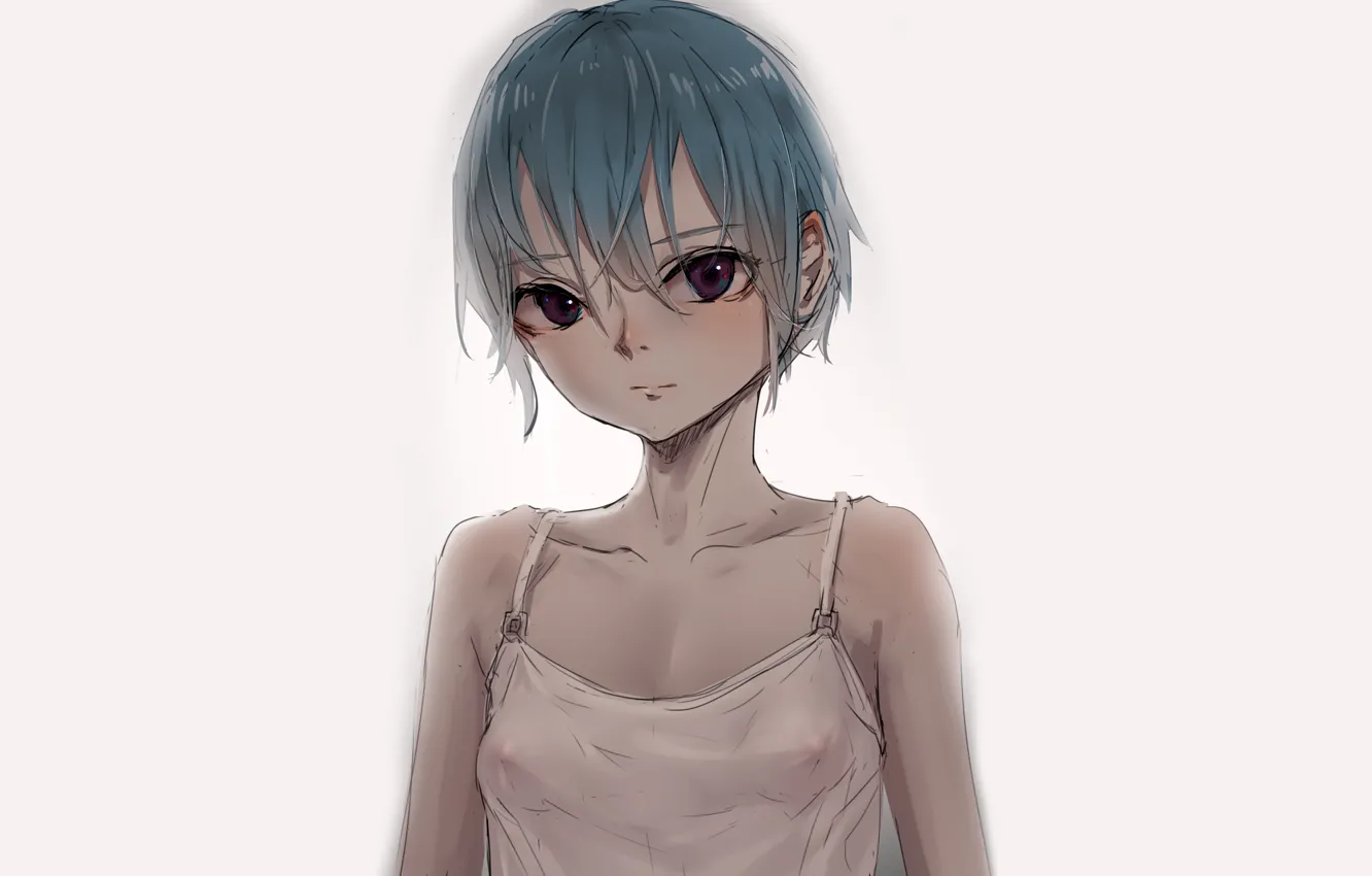 Фото обои girl, cleavage, erect nipples, boobs, anime, beautiful, red eyes, short hair