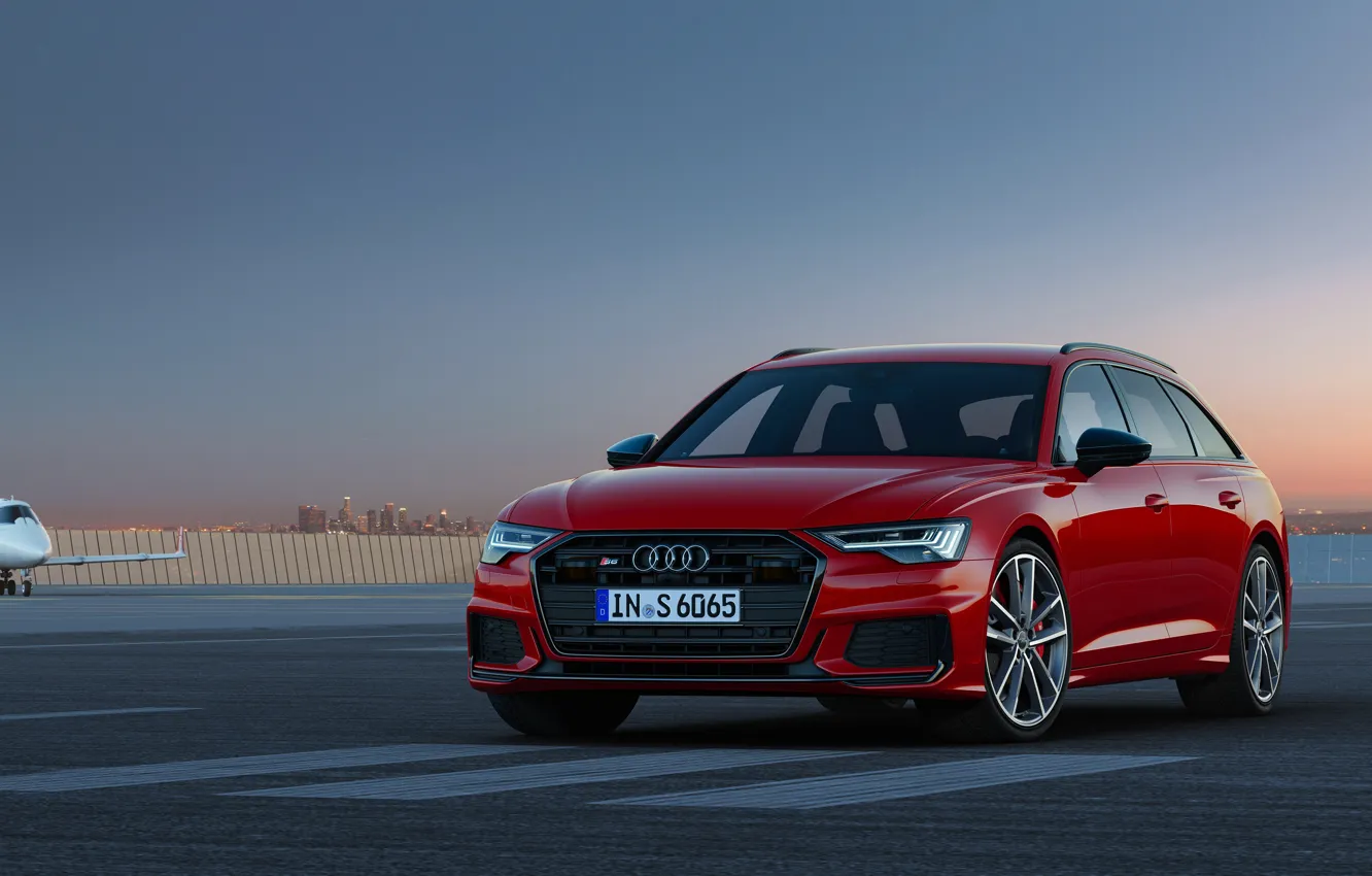 Фото обои красный, Audi, аэродром, универсал, 2019, A6 Avant, S6 Avant