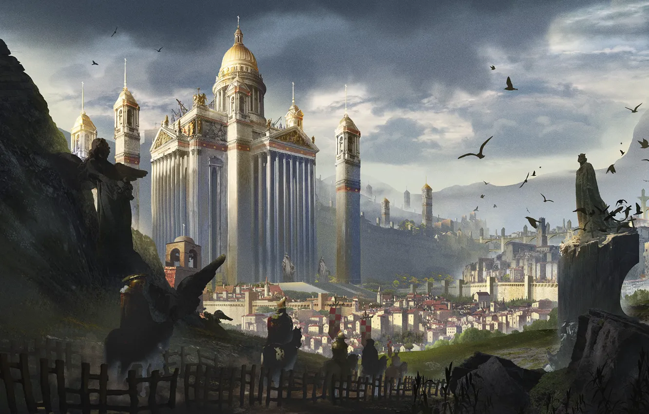Фото обои город, птица, здания, путник, Pilgrim