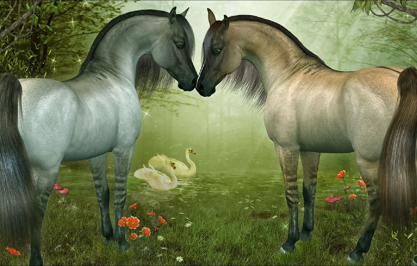 Фото обои красота, картина, лошади, пара, лебеди, beautiful, two, horses