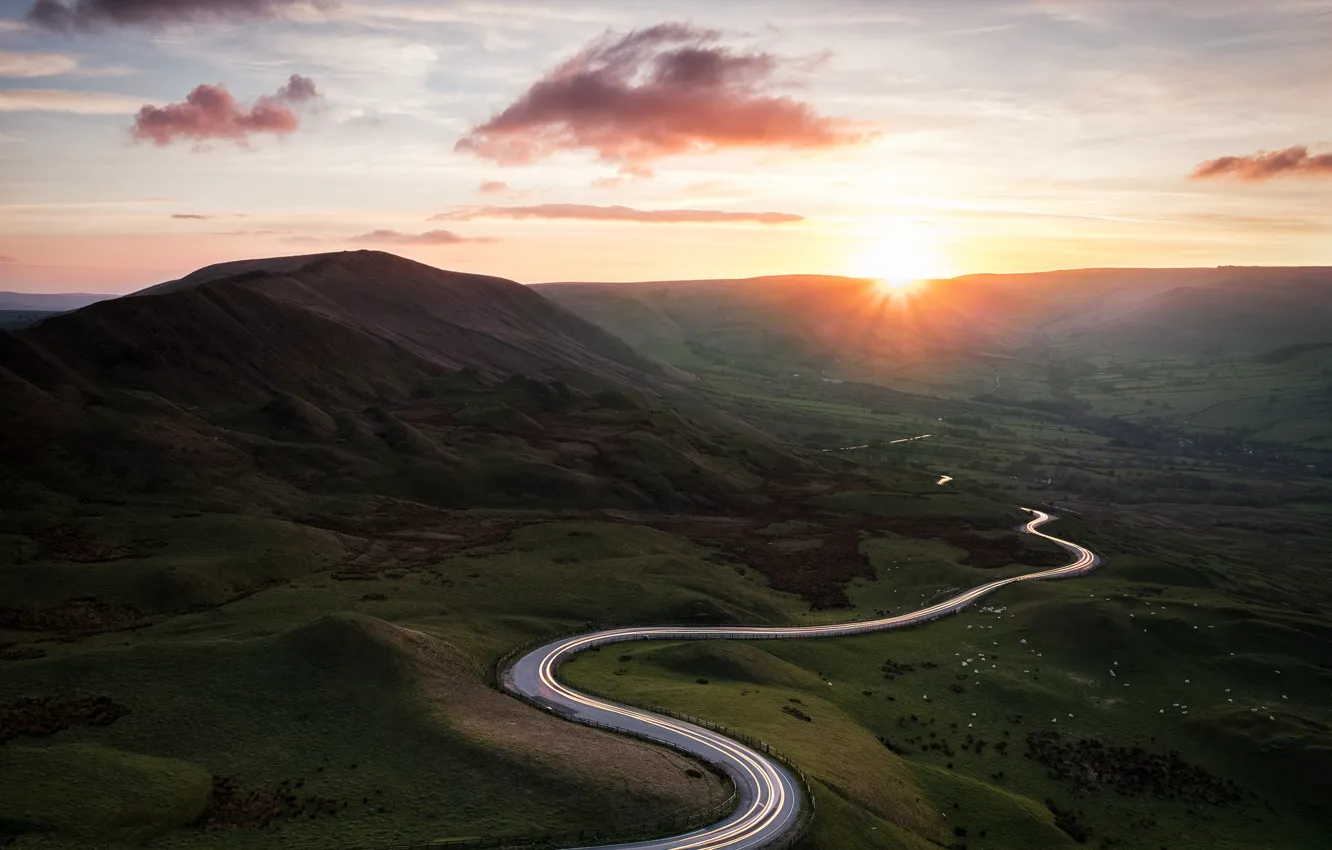 Фото обои дорога, горы, утро