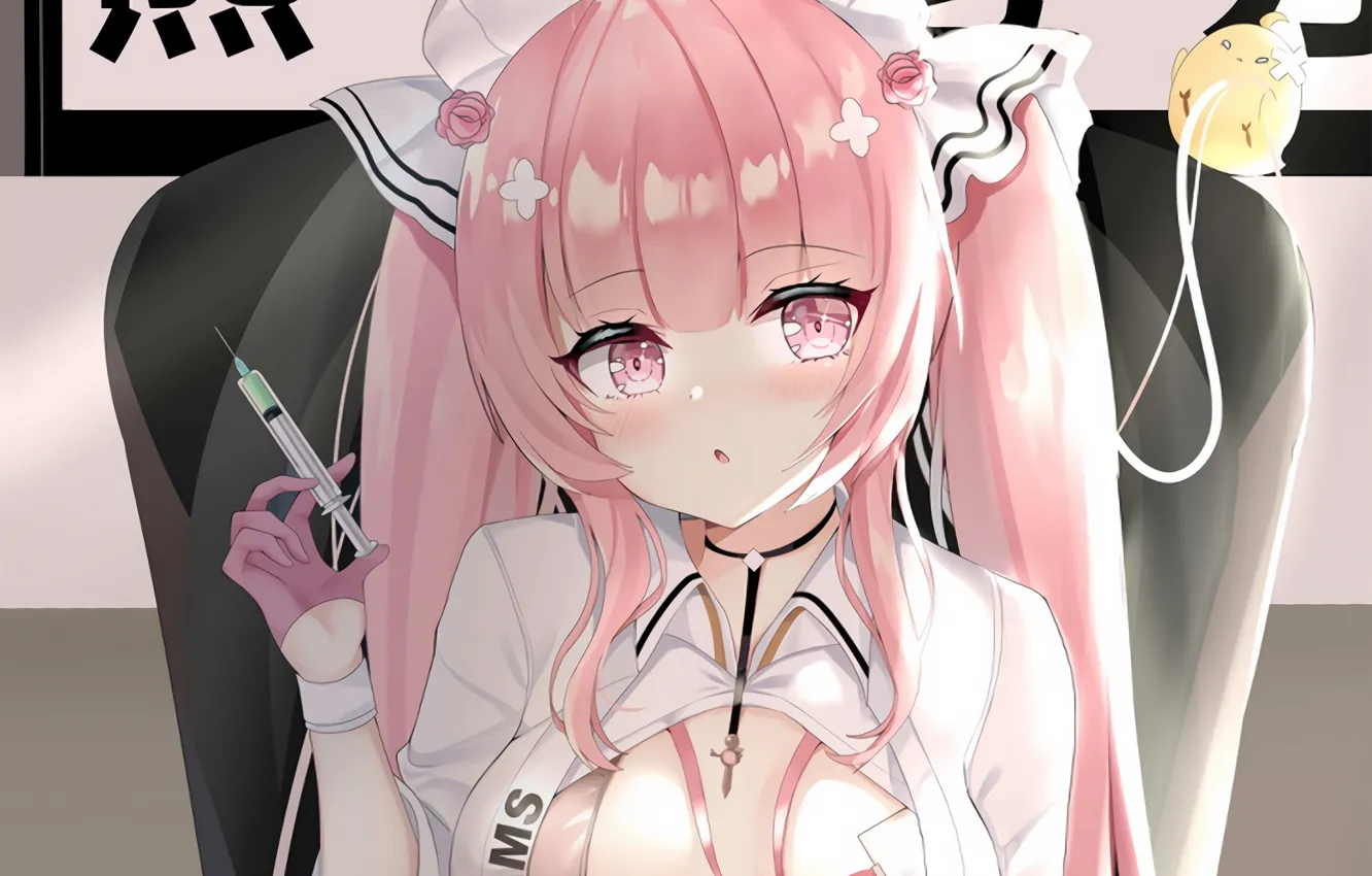 Фото обои girl, sexy, cleavage, pink hair, long hair, dress, boobs, anime