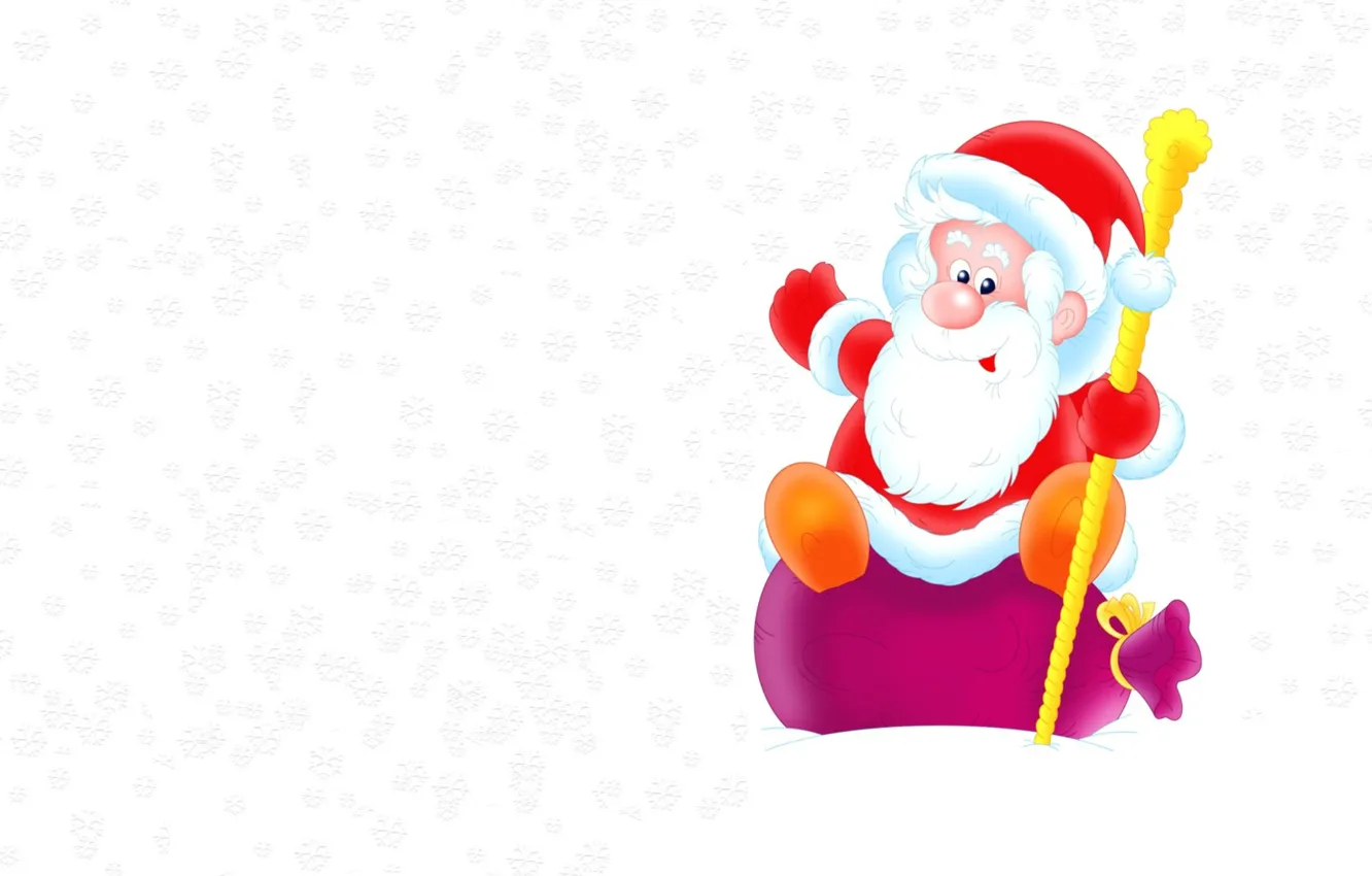 Фото обои снежинки, минимализм, вектор, арт, Новый год, Санта Клаус, мешок, детская.