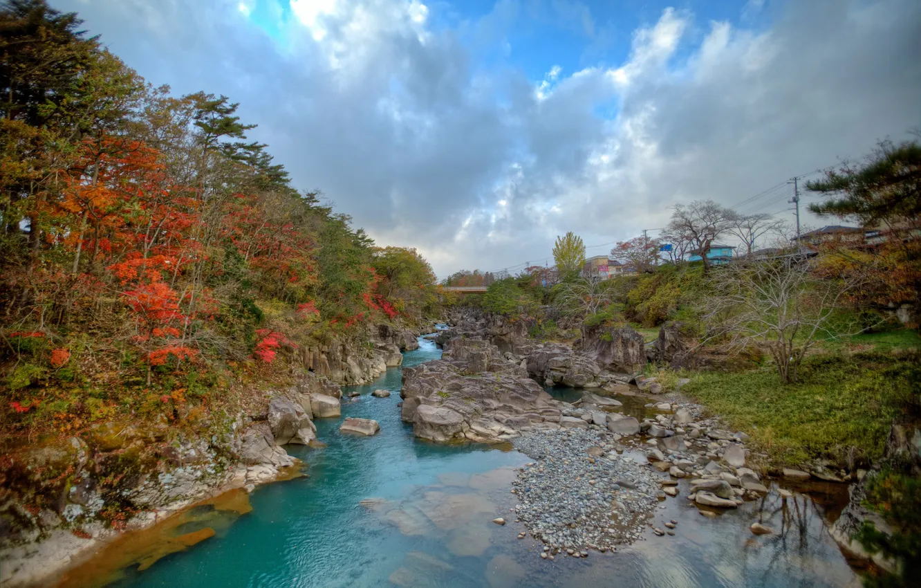 Фото обои осень, небо, деревья, мост, река, камни, скалы