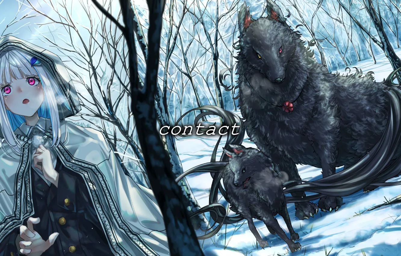 Фото обои зима, лес, девушка, фантастические волки