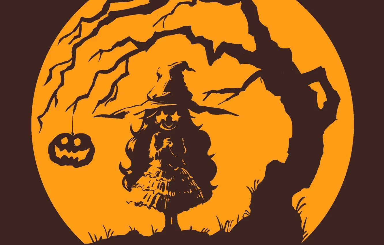 Фото обои Halloween, ведьма, полнолуние, хеллоуин, светильник Джека, горящие глаза, witch, шляпа ведьмы