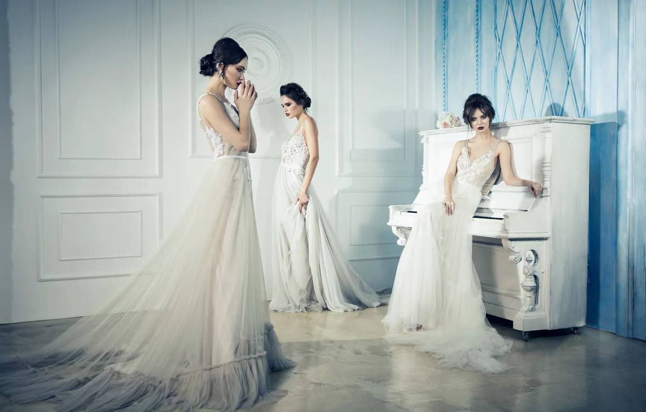 Фото обои девушки, интерьер, платье, пианино, невеста, мода