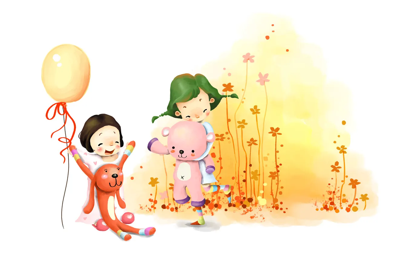 Фото обои цветы, дети, девочки, игрушки, рисунок, смех, веселье, воздушный шарик