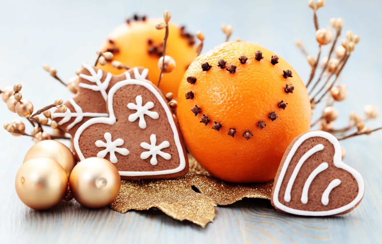 Фото обои шарики, шары, еда, апельсины, Новый Год, печенье, Рождество, Christmas