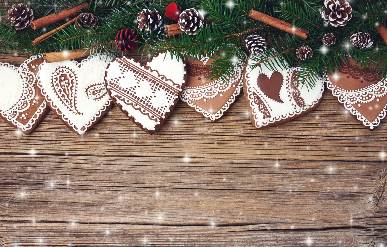 Фото обои украшения, печенье, Рождество, Новый год, christmas, new year, heart, wood