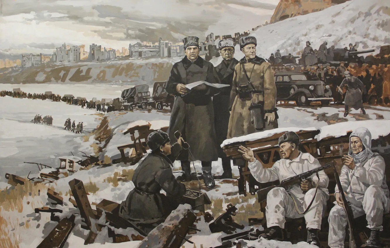 Фото обои Зима, Снег, Война, Руины, Картина, Москва, Солдаты, Фрагмент