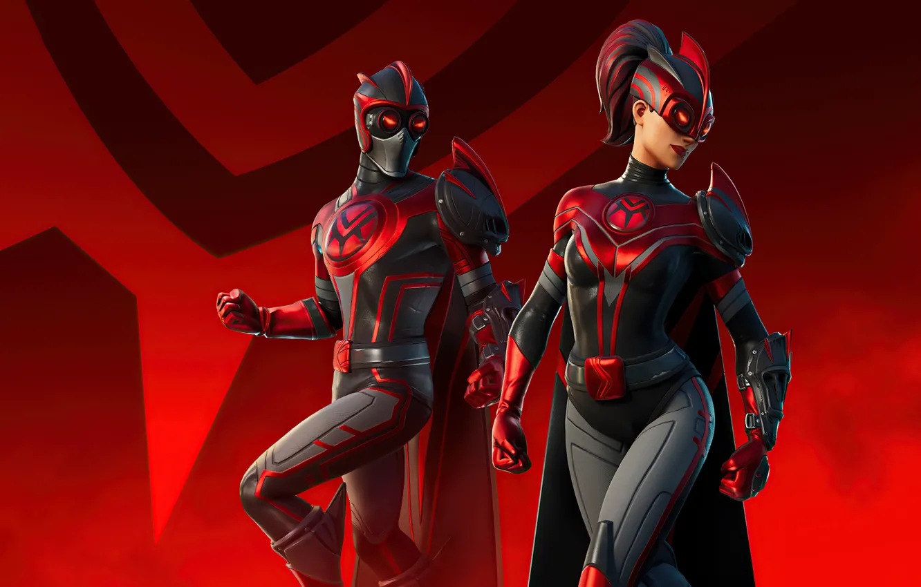 Фото обои игра, game, character, красный фон, персонаж, мужчина и женщина, Epic Games, королевская битва