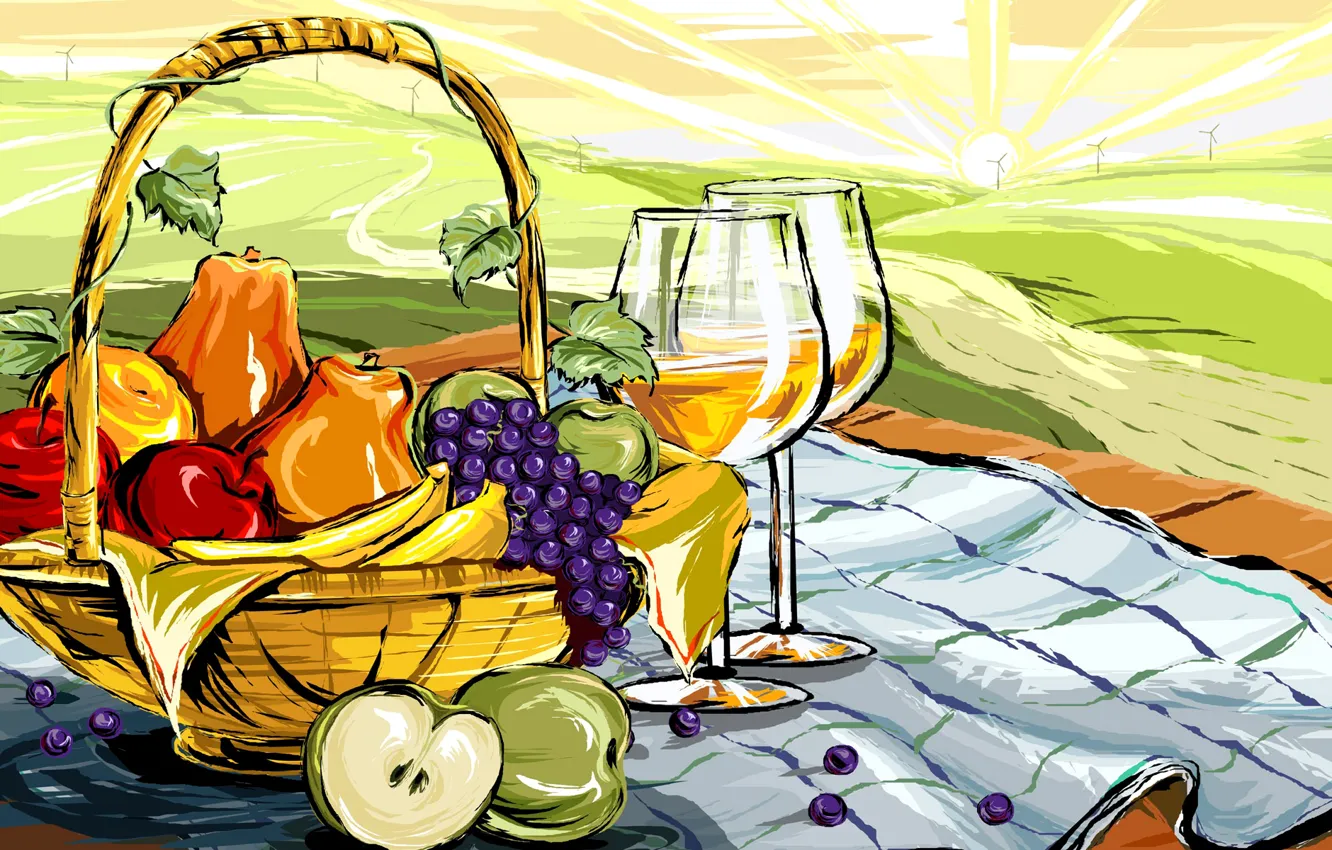 Фото обои пейзаж, вино, яблоки, рисунок, бокал, еда, вектор, виноград