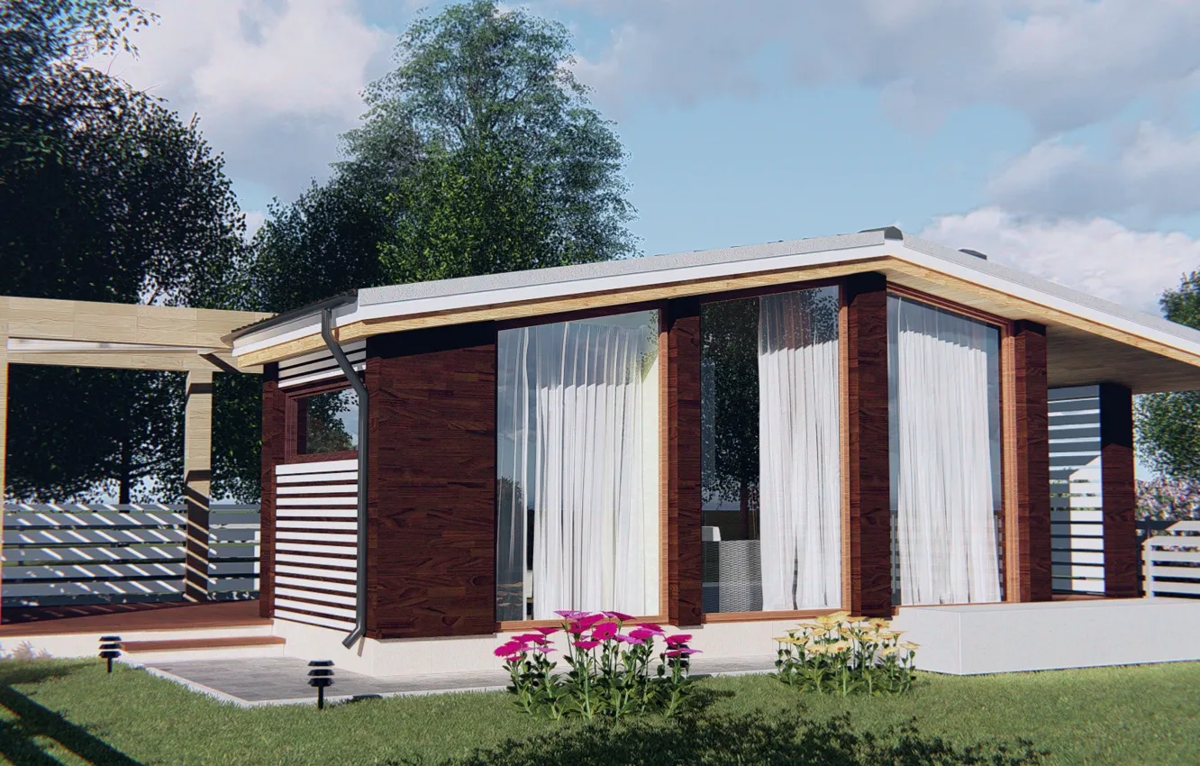 Фото обои небо, деревья, дома, фасад