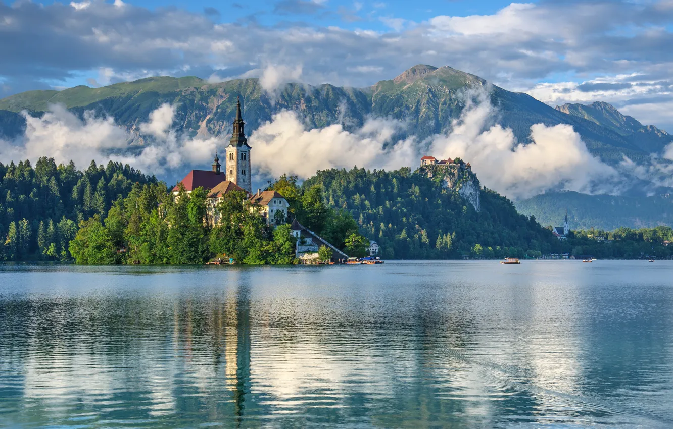 Фото обои горы, озеро, церковь, островок, Словения, Lake Bled