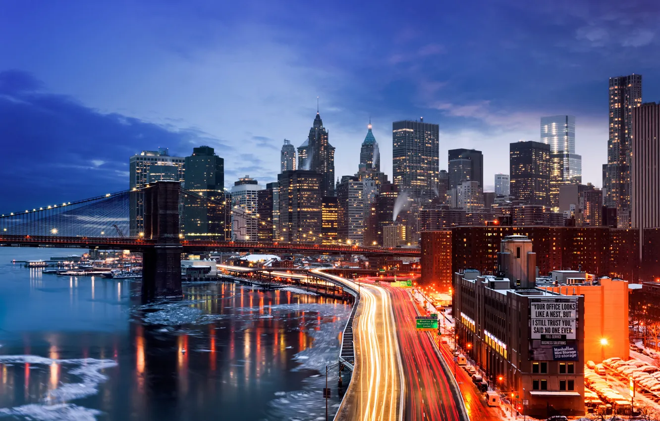 Фото обои зима, город, огни, Нью-Йорк, вечер, США, Манхэттен
