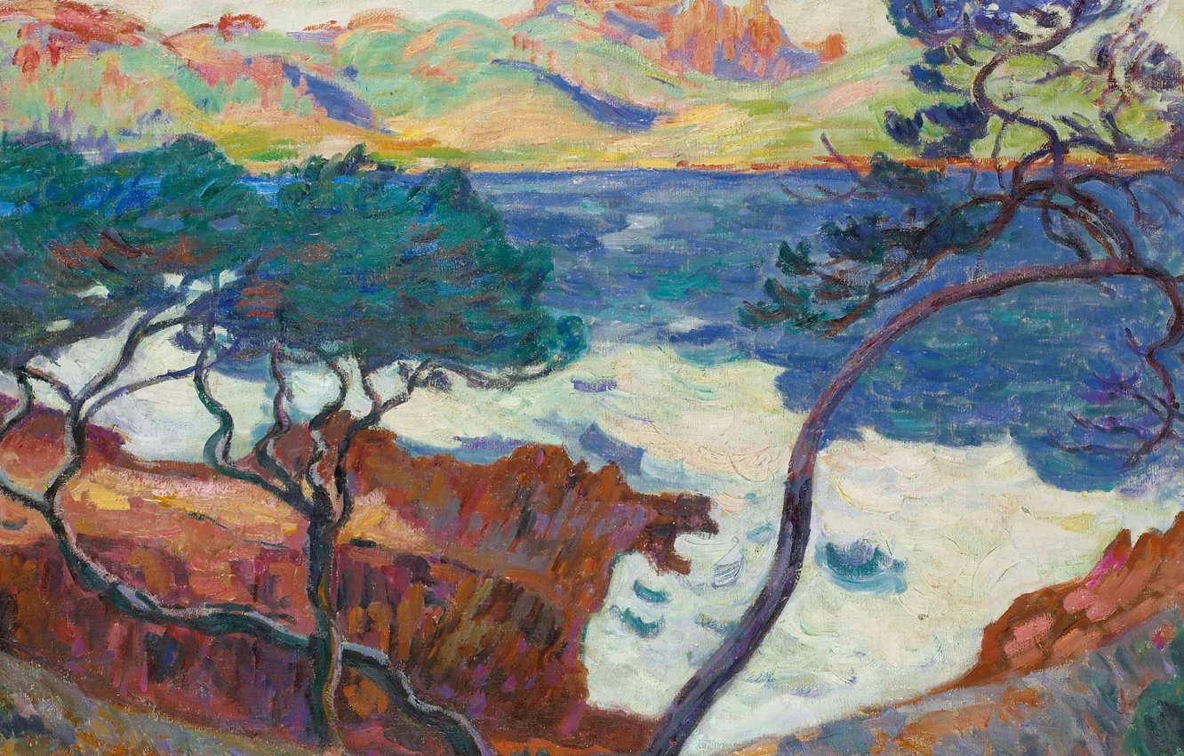 Фото обои море, пейзаж, горы, дерево, скалы, картина, Арман Гийомен, Armand Guillaumin