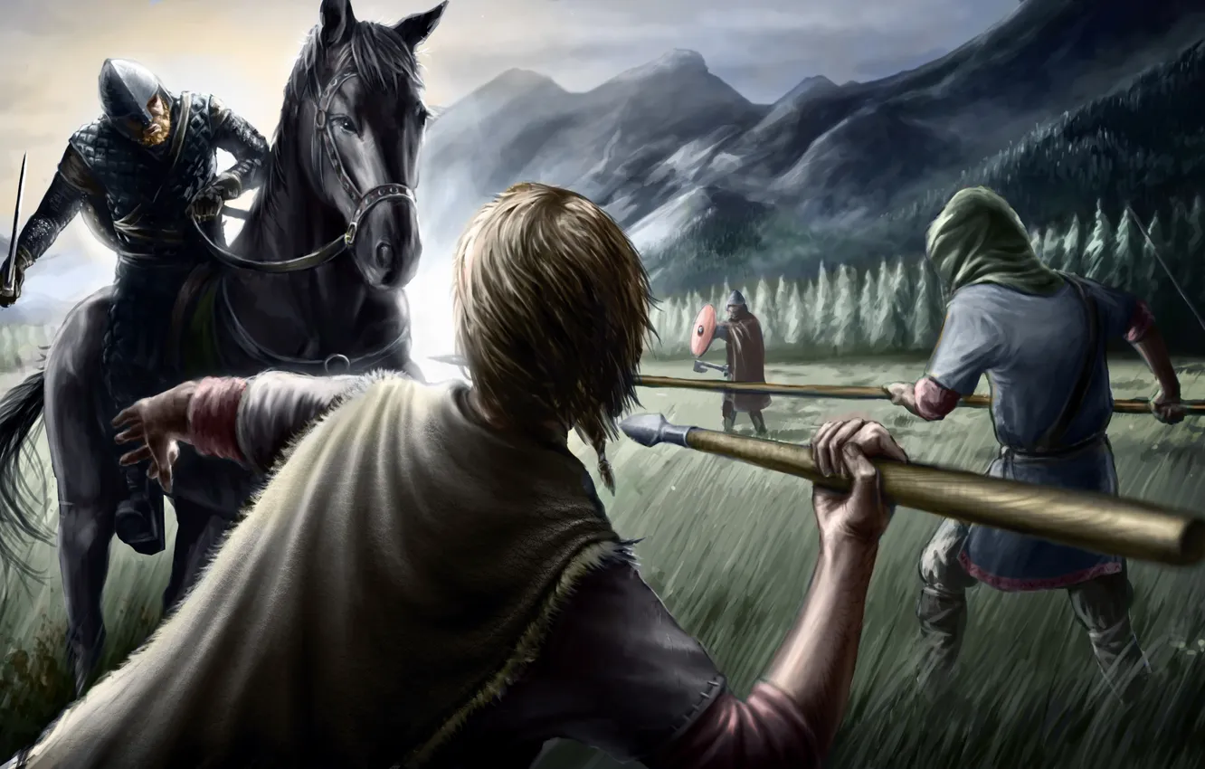 Фото обои фантастика, лошадь, доспехи, бой, арт, всадник, копья, враги