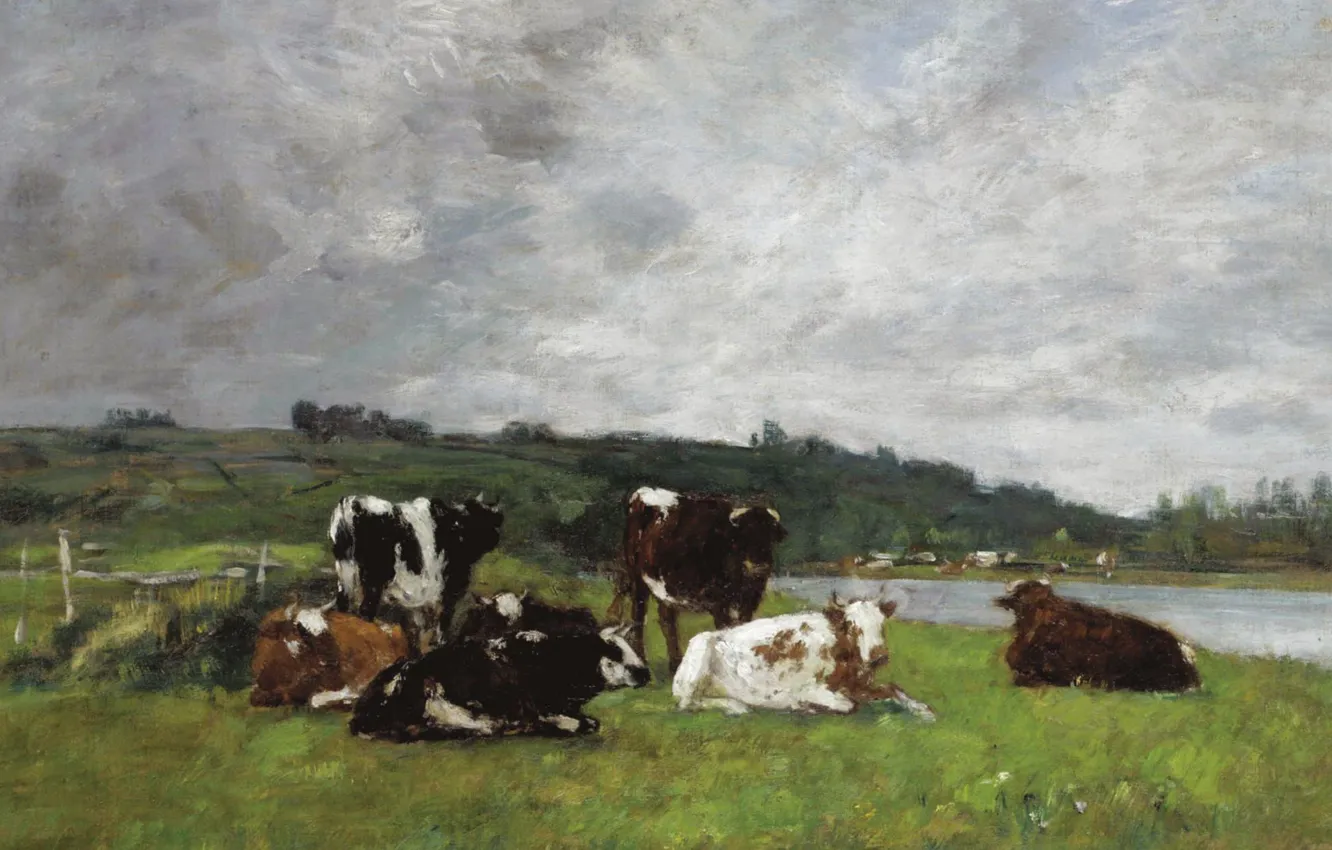 Фото обои животные, картина, Эжен Буден, Коровы на Пастбище, Eugene Boudin