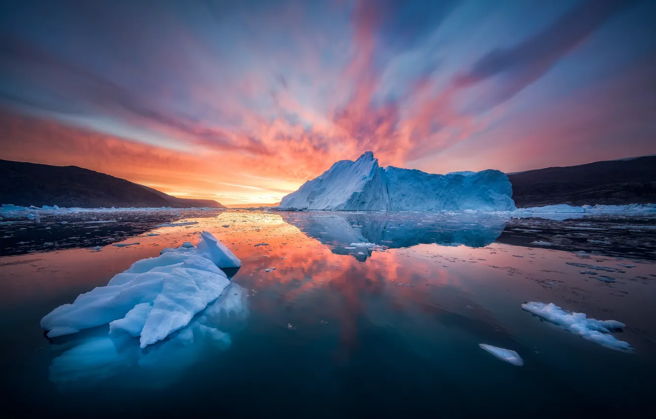 Фото обои море, восход, рассвет, айсберг, льдины, фьорд, Гренландия