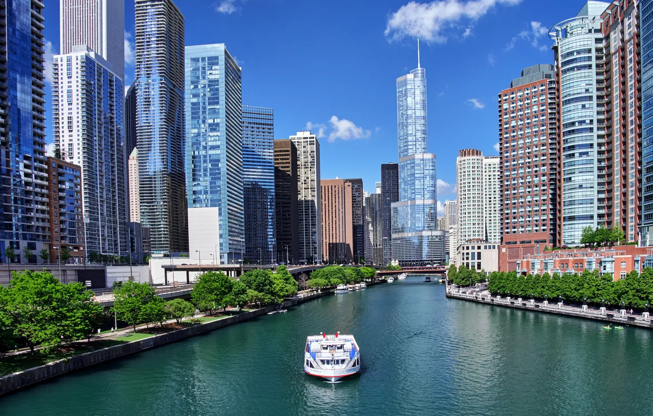 Фото обои река, дома, небоскребы, Чикаго, канал, США, мосты